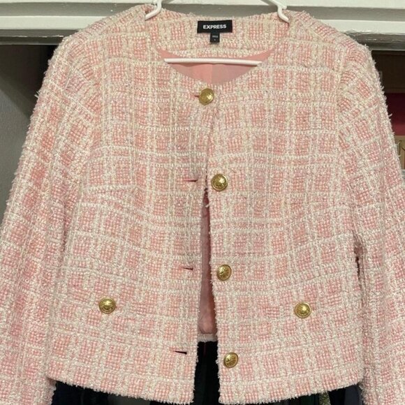 Express Plaid Boucle Tweed Blazer Jacket Pink and White Size L - Picture 2 of 4